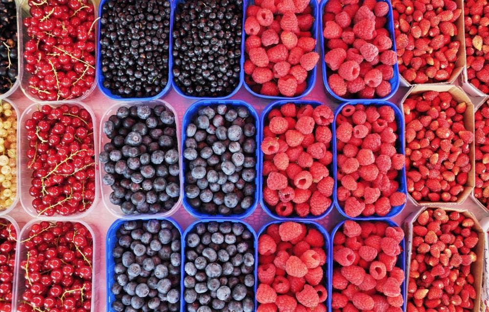 Several baskets of berries